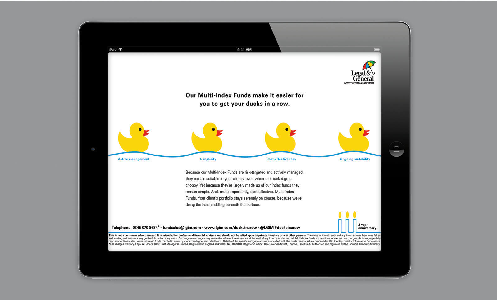 Tablet showing Legal & General Investment Management ad